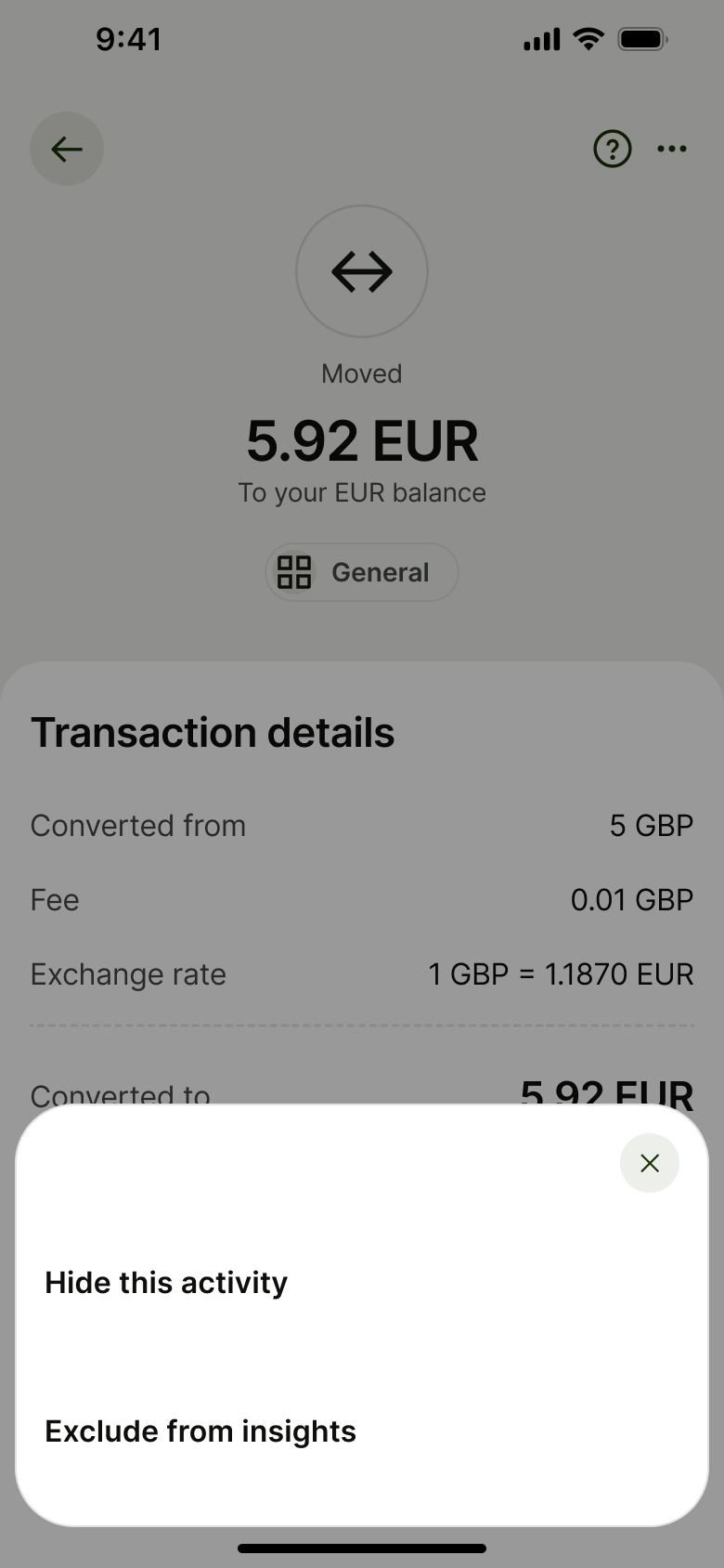 Transaction options sheet: hide activity, exclude from insights.