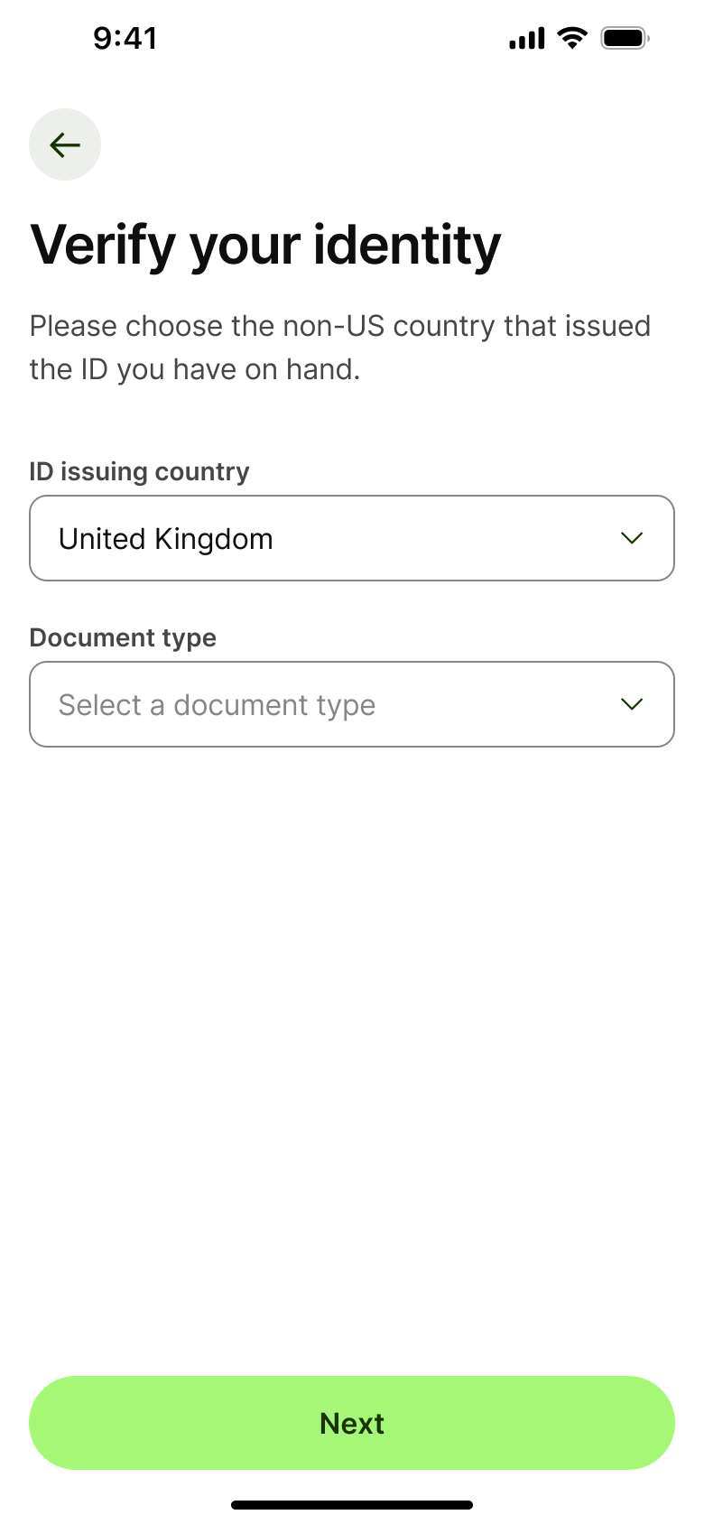 Verify your identity: ID issuing country and document type.