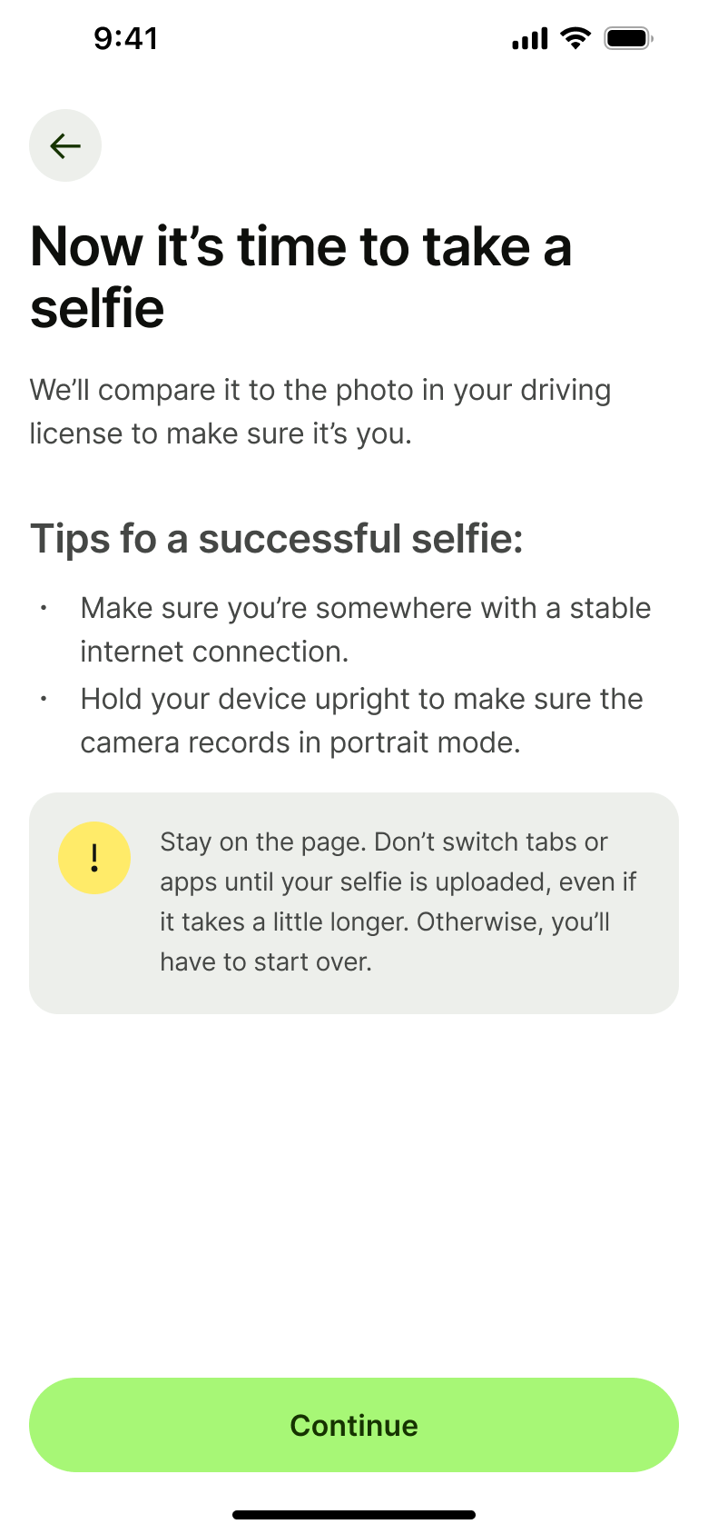 Now it's time to take a selfie: tips and stay on page warning.