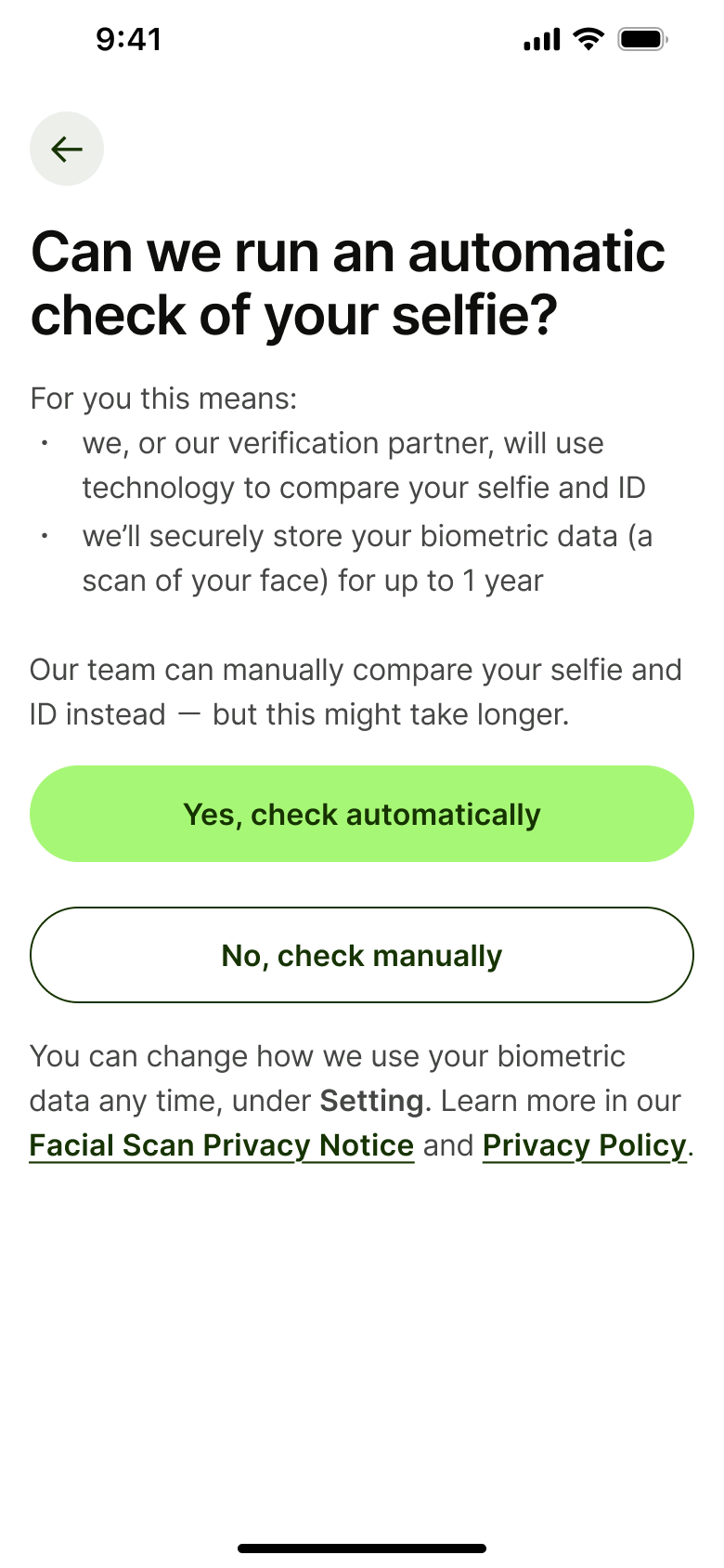Automatic selfie check consent screen.