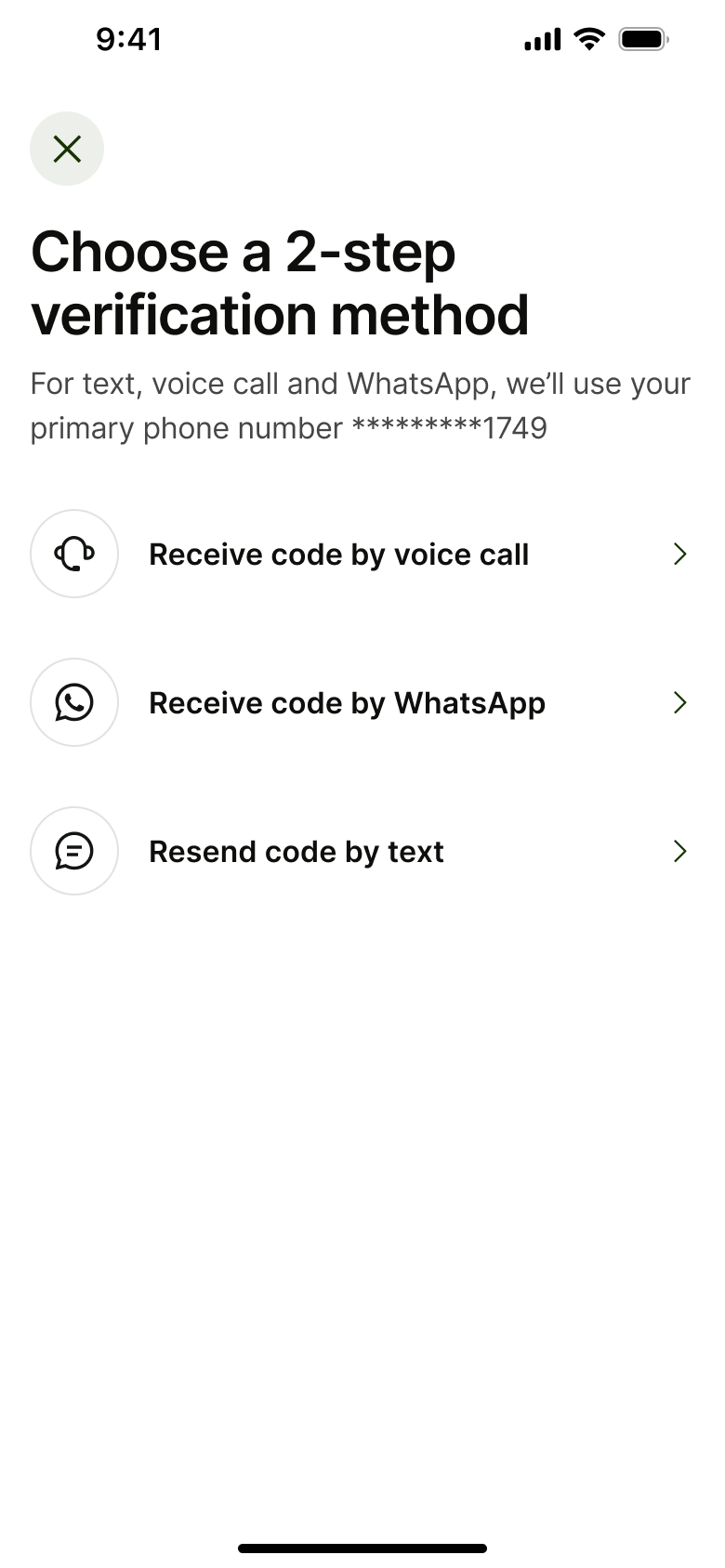 Choose a two-step verification method: voice call, messaging app or text.