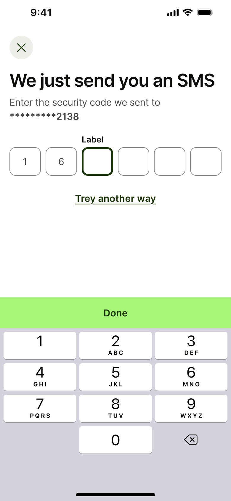 We just sent you an SMS: six-digit code entry with try another way.