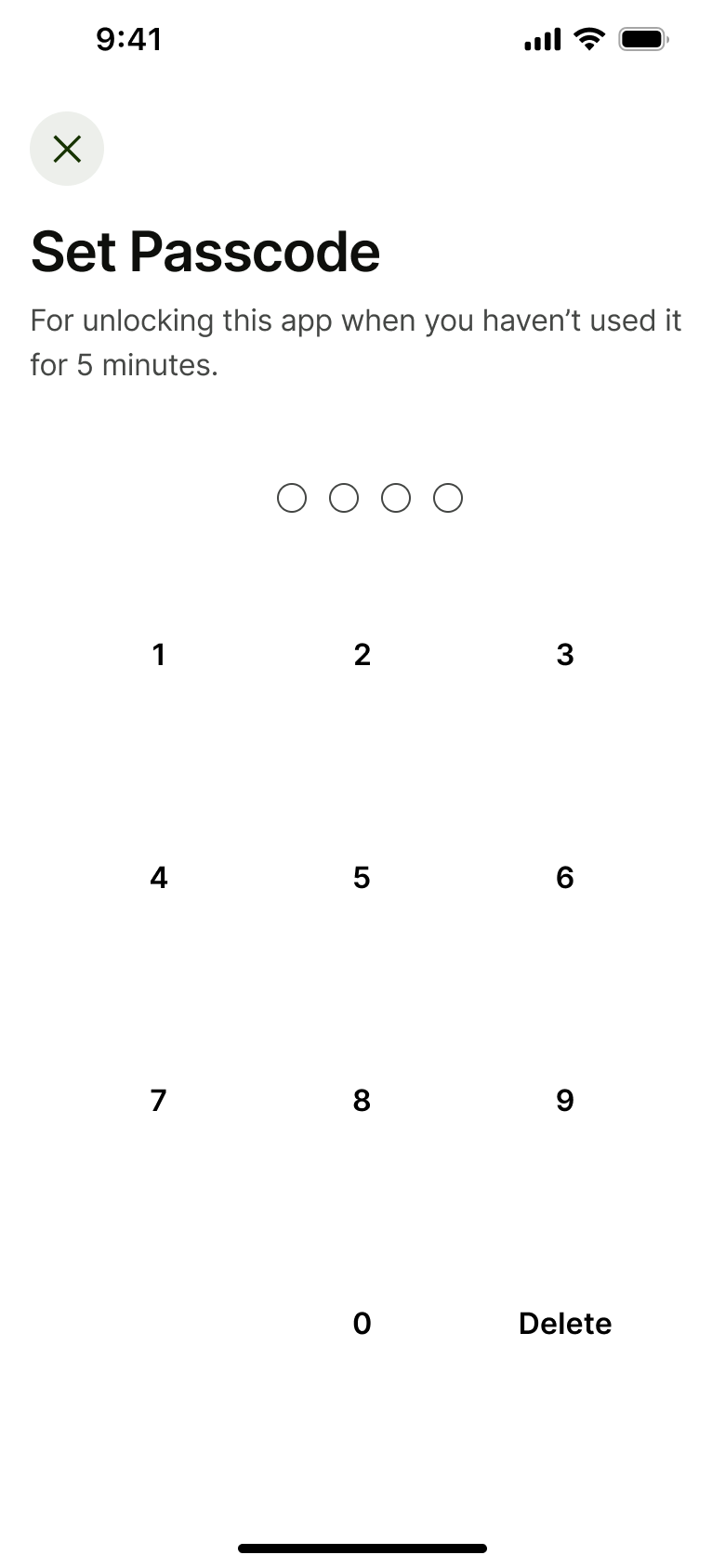 Set passcode for unlocking the app with keypad.