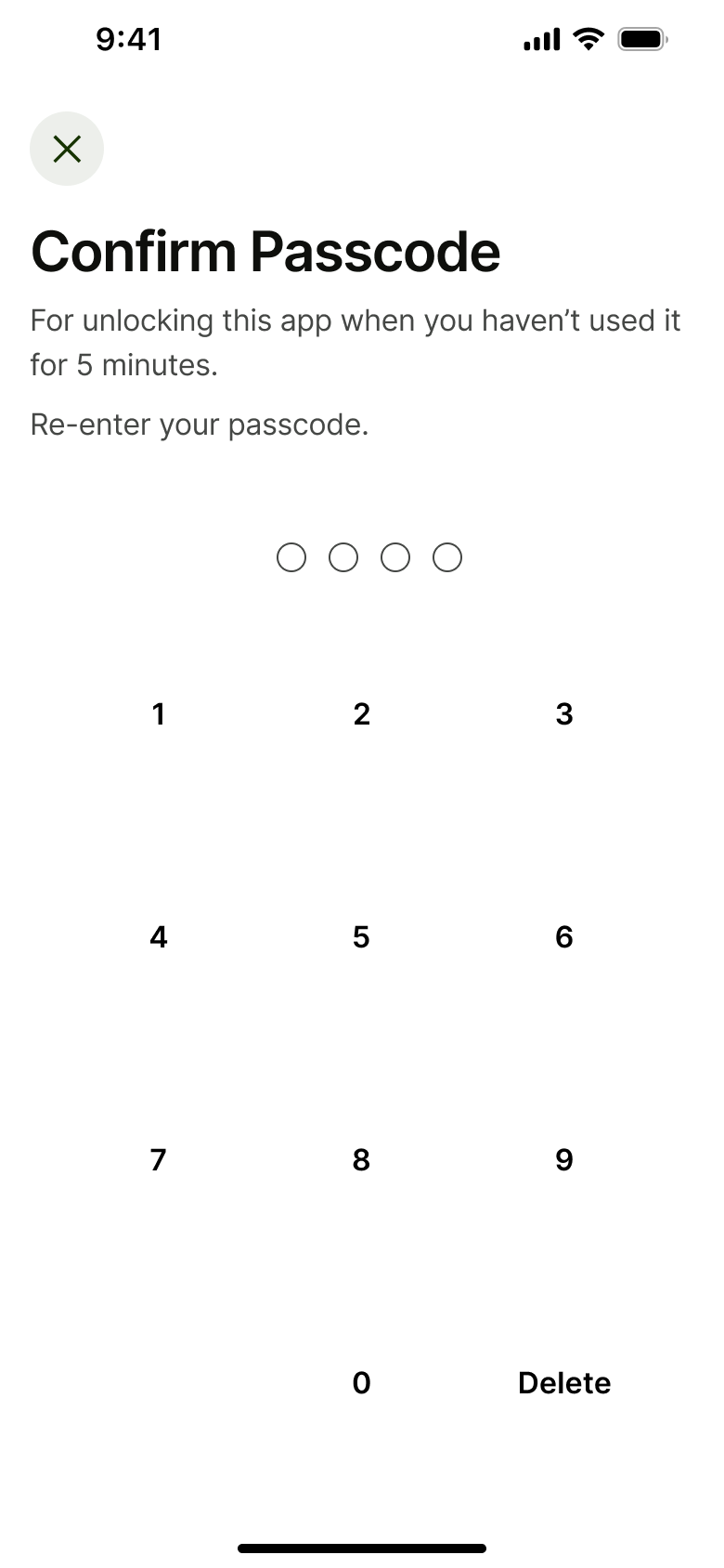 Confirm passcode, empty.