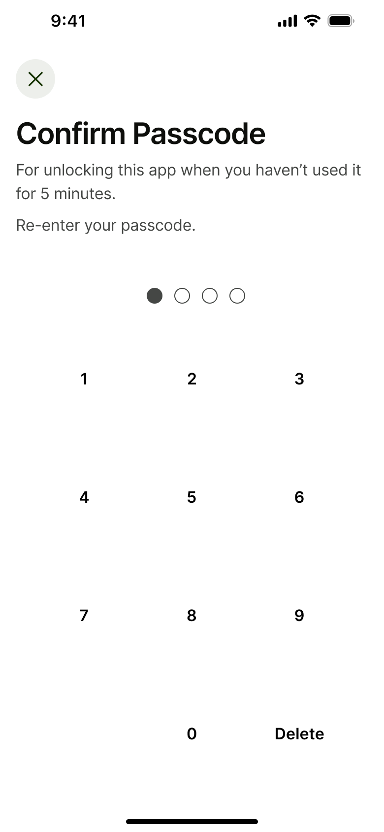 Confirm passcode with one digit entered.