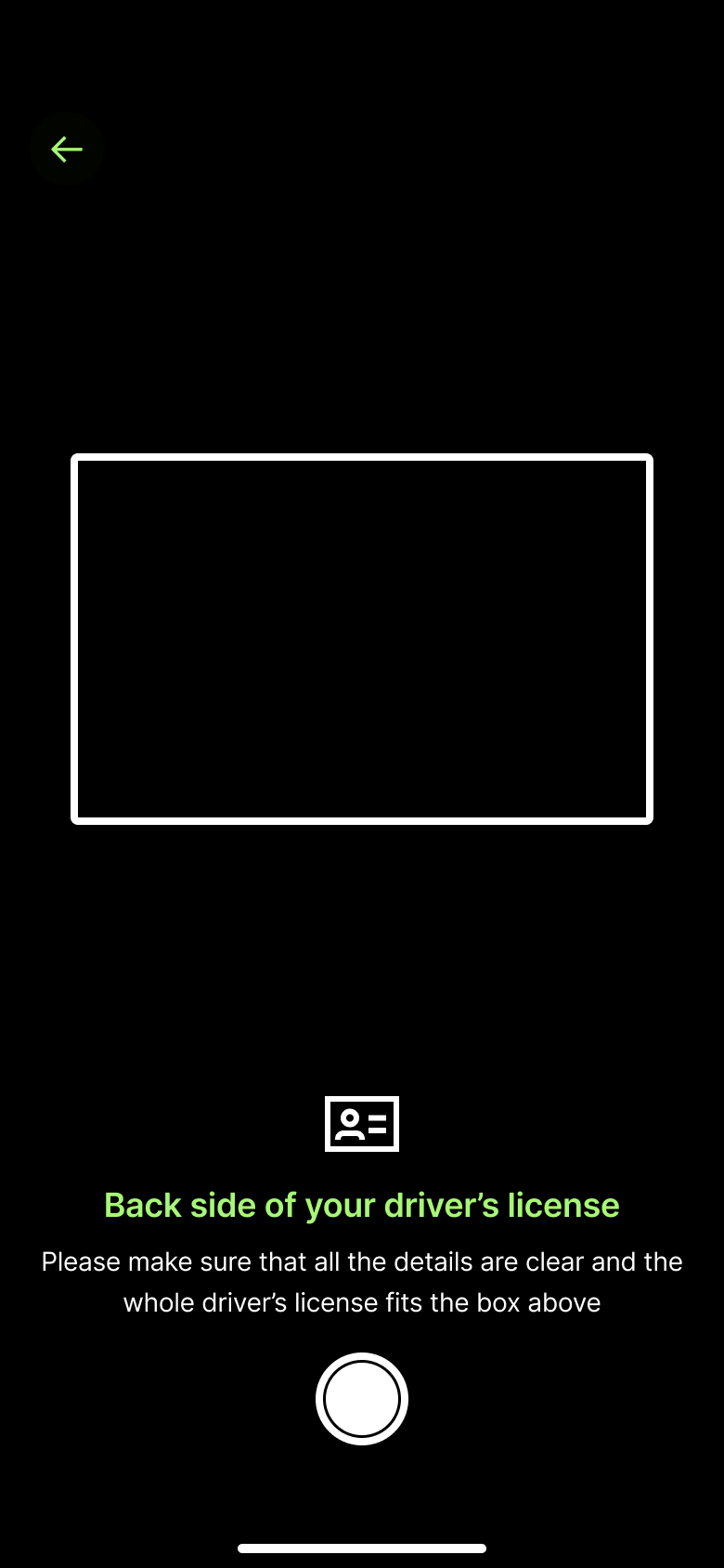 Back side of driving licence capture frame with shutter.